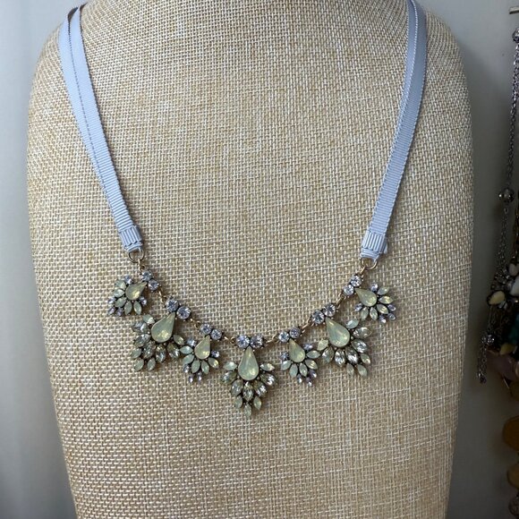Statement Necklace With Rhinestone & Pale Yellow Gem Accents On Silver Ribbon - Picture 2 of 10